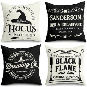 Hocus Pocus Pillow Covers Halloween Black White 18x18 4 Set Couch Sofa Decor SL5